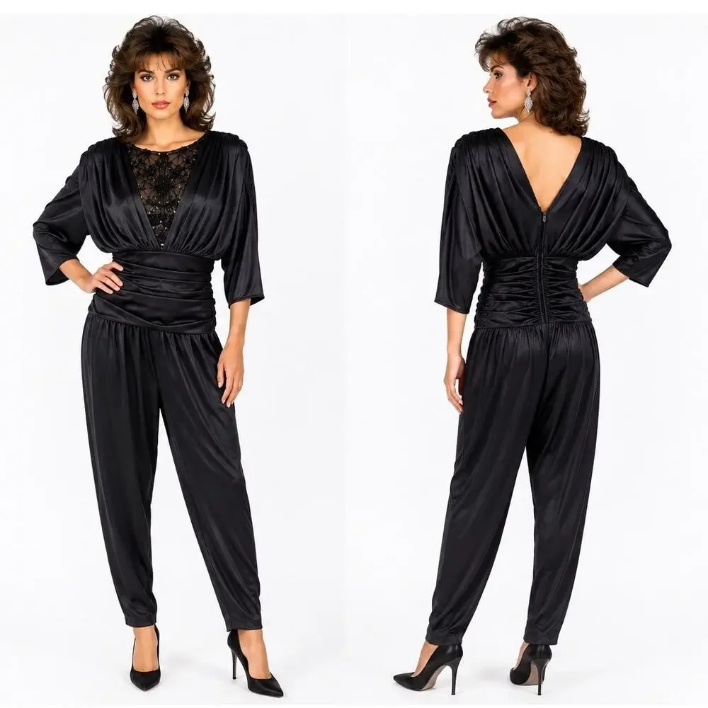 Vintage 1980s Abby Kent Black Beaded Sequin Ruched Jumpsuit Made USA Small